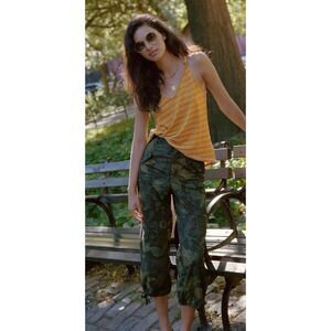Anthropologie Yellow Striped Tank & Olive Green Cropped Cargo Pants